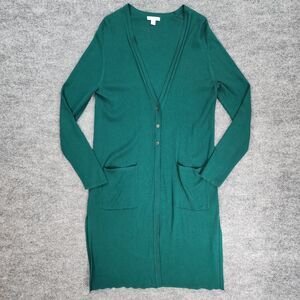 J Jill Sweater Womens Small Green Ribbed Longline Duster Cardigan Casual Pockets